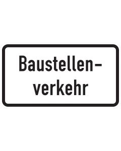 Zusatzzeichen 1007-38 mit schwarzer zweizeiliger Aufschrift „Baustellenverkehr“ auf weißer Fläche