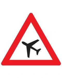 Verkehrszeichen 101-10 „Flugbetrieb – Aufstellung rechts“ nach StVO zur Warnung vor tief fliegenden Luftfahrzeugen bei rechtsseitiger Fahrbahnaufstellung.