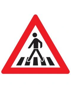 Verkehrszeichen 101-11 „Fußgängerüberweg – Aufstellung rechts“ nach StVO zur Warnung vor einem Fußgängerüberweg bei rechtsseitiger Fahrbahnaufstellung.