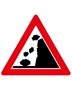 Verkehrszeichen 101-15 „Steinschlag – Aufstellung rechts“ zur Warnung vor Steinschlag und herabfallenden Steinen nach StVO