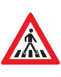 Verkehrszeichen 101-21 „Fußgängerüberweg – Aufstellung links“ zur Warnung vor einem Fußgängerüberweg (Zebrastreifen) nach StVO