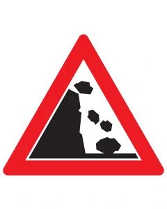 Verkehrszeichen 101-25 „Steinschlag – Aufstellung links“ zur Warnung vor Steinschlag und herabfallenden Gesteinsbrocken am linken Fahrbahnrand nach StVO