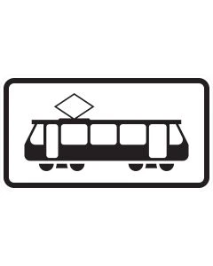 Schwarzes Straßenbahn-Sinnbild mit Stromabnehmer auf weißem Zusatzzeichen 1010-56 ohne Schriftzug