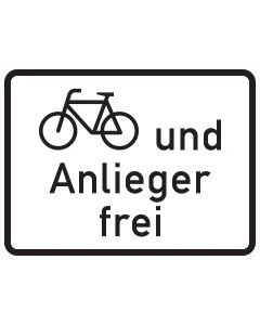Zusatzzeichen 1020-12 mit schwarzem Fahrrad-Sinnbild und der Aufschrift „und Anlieger frei“ auf weißem Grund
