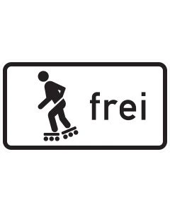 Weißes Zusatzzeichen 1020-13 mit schwarzem Inline-Skater-Sinnbild und dem Schriftzug „frei“