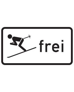 Rechteckiges Zusatzzeichen 1020-14 mit abfahrendem Skifahrer und schwarzem Schriftzug „frei“ auf weißem Grund