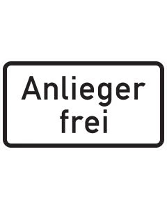 Weißes Zusatzzeichen 1020-30 mit schwarzer zweizeiliger Aufschrift „Anlieger frei“
