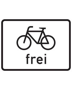 Zusatzzeichen 1022-10 mit schwarzem Fahrrad-Sinnbild und der Aufschrift frei auf weißem Grund