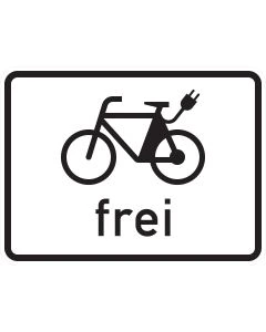 Zusatzzeichen 1022-13 mit schwarzem E-Bike-Sinnbild, Ladestecker und der Aufschrift frei