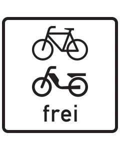 Zusatzzeichen 1022-14 mit schwarzen Sinnbildern für Fahrrad und Mofa sowie der Aufschrift frei