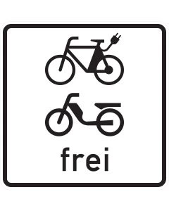 Zusatzzeichen 1022-15 mit schwarzen Sinnbildern für E-Bike und Mofa sowie der Aufschrift frei