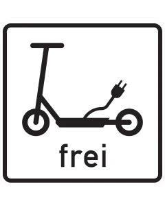 Zusatzzeichen 1022-16 mit schwarzem E-Scooter-Sinnbild, Ladestecker und Schriftzug „frei“