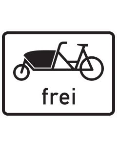 Schwarzes Sinnbild eines zweirädrigen Lastenfahrrads mit vorderer Transportbox über dem Wort „frei“