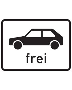 Schwarze Seitenansicht eines Personenkraftwagens über dem Wort „frei“ auf Zusatzzeichen 1024-10