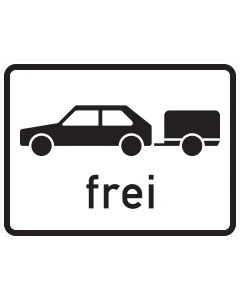 Zusatzzeichen 1024-11 mit schwarzem Sinnbild eines Personenkraftwagens samt Anhänger und dem Schriftzug „frei“