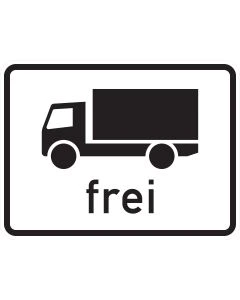 Zusatzzeichen 1024-12 mit schwarzem Lkw-Sinnbild für Kraftfahrzeuge über 3,5 Tonnen und dem Schriftzug „frei“