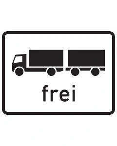 Zusatzzeichen 1024-13 mit schwarzem Sinnbild eines Lastkraftwagens mit Anhänger und dem Schriftzug „frei“