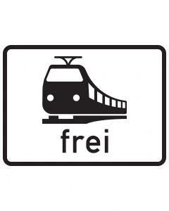 Zusatzzeichen 1024-15 mit schwarzem Schienenbahn-Sinnbild in Frontansicht und dem Schriftzug „frei“