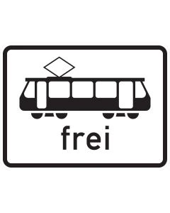 Zusatzzeichen 1024-16 mit schwarzem Straßenbahn-Sinnbild samt Stromabnehmer und dem Schriftzug „frei“