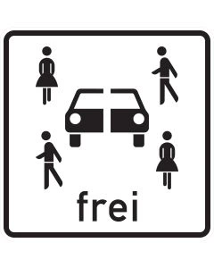 Carsharing-Sinnbild mit einem schwarzen Auto zwischen vier Personen und dem Wort „frei“ auf Zusatzzeichen 1024-21