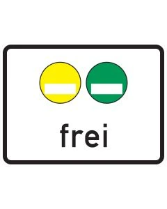 Gelbe und grüne Umweltplakette über dem Wort „frei“ auf weißem Zusatzzeichen 1031-51
