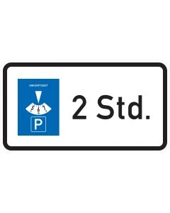 Zusatzzeichen 1040-32 mit blauem Parkscheiben-Sinnbild und Zeitangabe 2 Std.