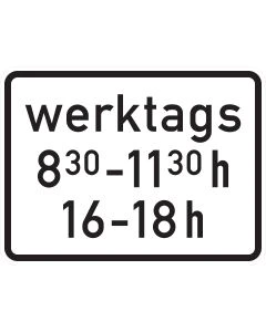 Zusatzzeichen 1042-32 mit der beispielhaften Zeitangabe werktags 8:30 bis 11:30 Uhr und 16 bis 18 Uhr
