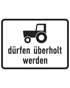 Zusatzzeichen 1049-11 mit Traktor-Sinnbild und Aufschrift „dürfen überholt werden“