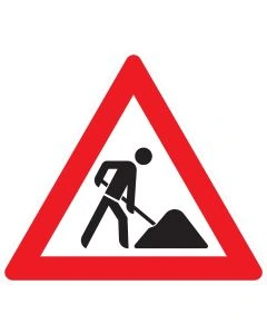 Selbstklebender Aufkleber im Design von Verkehrszeichen 123 Arbeitsstelle mit rotem Warndreieck und schwarzem Baustellensymbol
