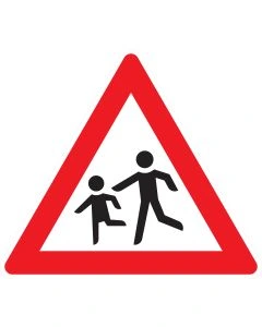 Verkehrszeichen 136-10 „Kinder – Aufstellung rechts“ nach StVO zur Warnung vor Kindern, die von der rechten Straßenseite die Fahrbahn betreten oder überqueren können.