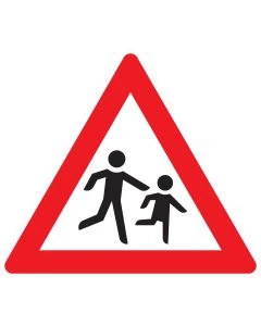 Verkehrszeichen 136-20 „Kinder – Aufstellung links“ nach StVO zur Warnung vor Kindern, die von der linken Straßenseite die Fahrbahn betreten oder überqueren können.