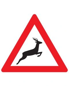 Verkehrszeichen 142-20 „Wildwechsel – Aufstellung links“ nach StVO zur Warnung vor Wildwechsel bei linksseitiger Fahrbahnaufstellung.