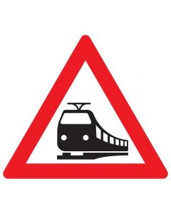 Verkehrszeichen Nr. 151 Bahnübergang als dreieckiges Gefahrzeichen mit rotem Rand und schwarzem Zug-Symbol nach StVO