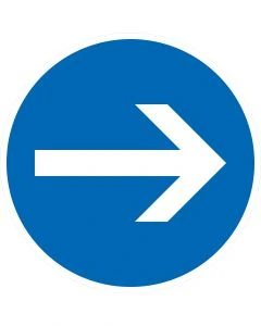 Rundes blaues Verkehrszeichen 211 mit weißem Pfeil nach rechts – vorgeschriebene Fahrtrichtung hier rechts gemäß StVO