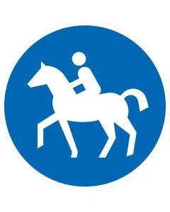 Rundes blaues Verkehrszeichen 238 mit weißem Reiter auf Pferd – Reitweg gemäß StVO