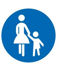Rundes blaues Verkehrszeichen 239 mit weißer Frau und Kind – Gehweg gemäß StVO