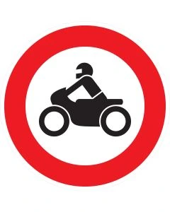 Rundes Verkehrszeichen 255 mit rotem Rand und schwarzem Motorradsymbol – Verbot für Krafträder gemäß StVO