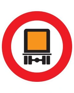 Rundes Verkehrszeichen 261 mit rotem Rand und Gefahrgut-Symbol – Verbot für kennzeichnungspflichtige Kraftfahrzeuge mit gefährlichen Gütern gemäß StVO