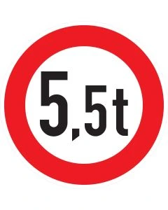 Rundes Verkehrszeichen 262 mit rotem Rand und schwarzer Aufschrift 5,5 t – Beschränkung nach tatsächlicher Masse gemäß StVO