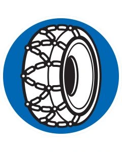 Rundes blaues Verkehrszeichen 268 mit Reifen und Schneeketten – Schneeketten vorgeschrieben gemäß StVO