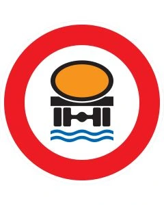 Rundes Verkehrszeichen 269 mit rotem Rand, Gefahrgut-Symbol und Wasserwellen – Verbot für Fahrzeuge mit wassergefährdender Ladung gemäß StVO