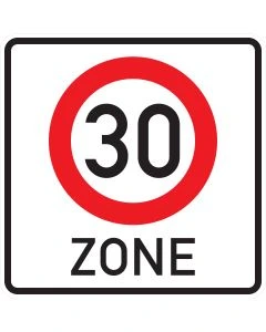 Verkehrszeichen Nr. 274.1 „Beginn einer Tempo 30 Zone“ nach StVO aus Aluminium mit rotem Rand und Aufschrift „30 ZONE“.