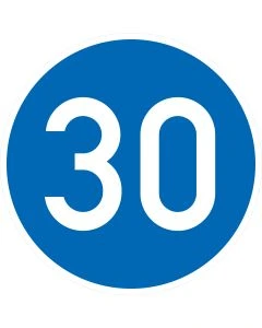 Blaues rundes Verkehrszeichen 275 mit weißer Zahl 30 – vorgeschriebene Mindestgeschwindigkeit gemäß StVO