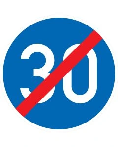 Rundes blaues Verkehrszeichen 279 mit weißer Zahl 30 und rotem Diagonalbalken – Ende der vorgeschriebenen Mindestgeschwindigkeit gemäß StVO