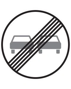 Rundes Verkehrszeichen 280 mit schwarzem Rand, zwei Fahrzeugen und diagonal verlaufenden schwarzen Streifen – Ende des Überholverbots für Kraftfahrzeuge aller Art gemäß StVO