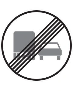 Rundes Verkehrszeichen 281 mit schwarzem Rand, Lkw- und Pkw-Symbol sowie diagonalen schwarzen Streifen – Ende des Überholverbots für Kraftfahrzeuge über 3,5 t gemäß StVO