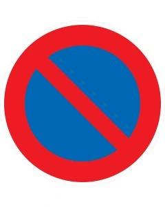 Rundes Verkehrszeichen 286 mit rotem Rand, blauem Hintergrund und rotem Diagonalbalken – eingeschränktes Haltverbot gemäß StVO