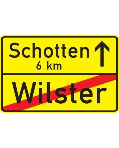 Ortstafel Rückseite Verkehrszeichen Nr. 311 mit durchgestrichenem Ortsnamen und Angabe des nächsten Ortes mit Kilometerzahl