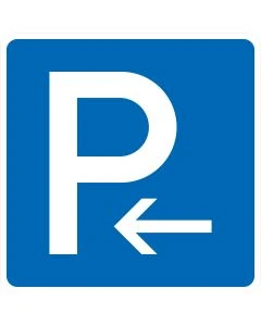 Blaues Verkehrszeichen 314-10 mit weißem Parksymbol und Pfeil nach links