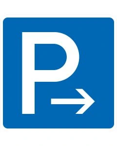 Blaues Verkehrszeichen 314-20 mit weißem P und waagerechtem Pfeil nach rechts